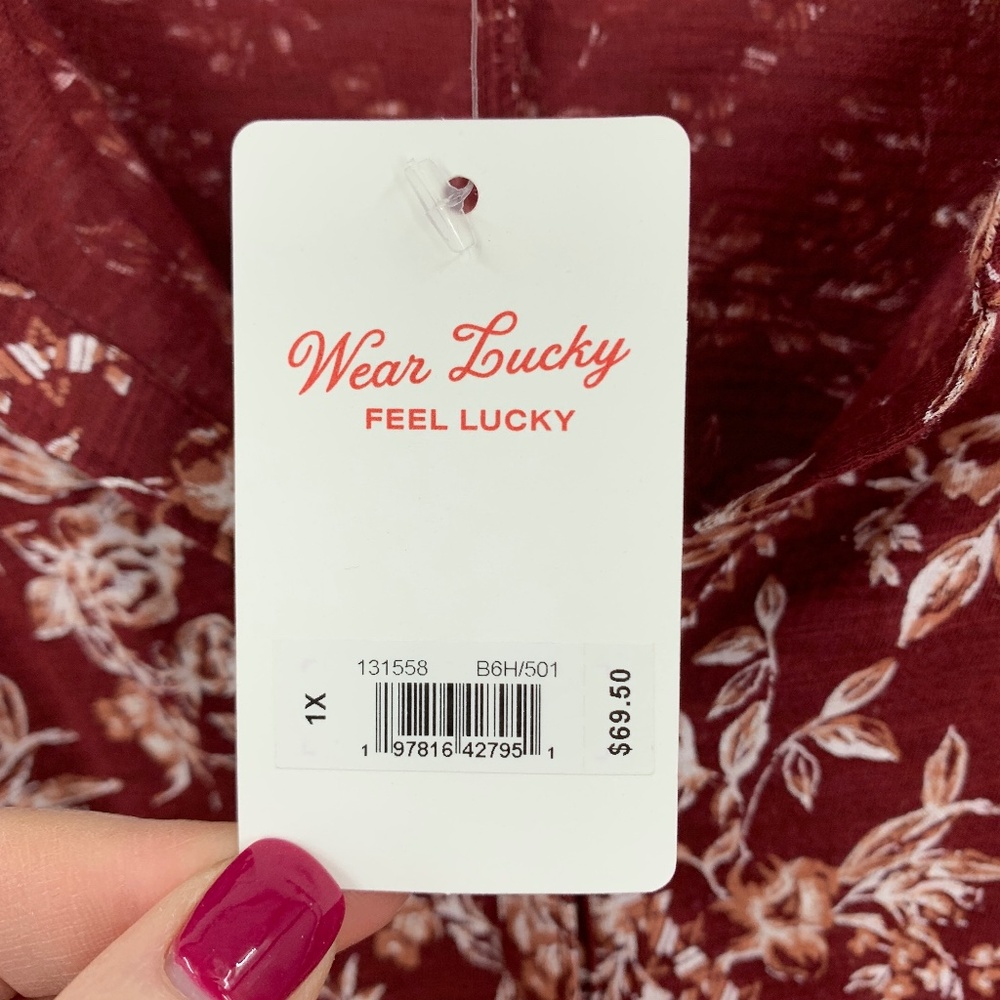Lucky Brand Floral Border Print Boho Pop Over Top in Burgundy Sz 1X - Picture 7 of 10